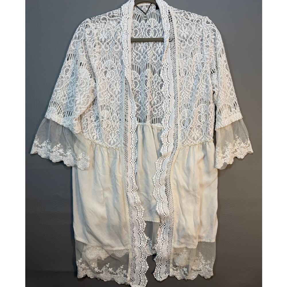 BKE Boutique Womens Sz Large Ivory Crochet Lace Kimono Duster Sheer Cardigan